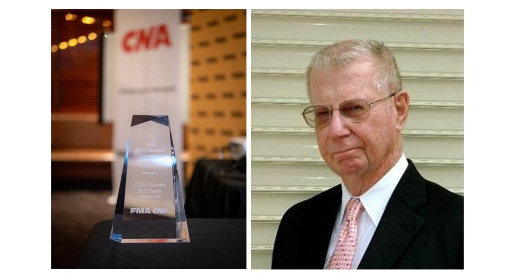 A safety award sits on a table, plus a head shot of a man in glasses and a suit.