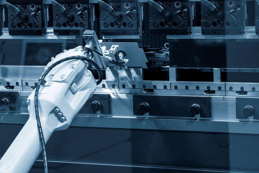 Robotic press brake in a metal fabrication shop.